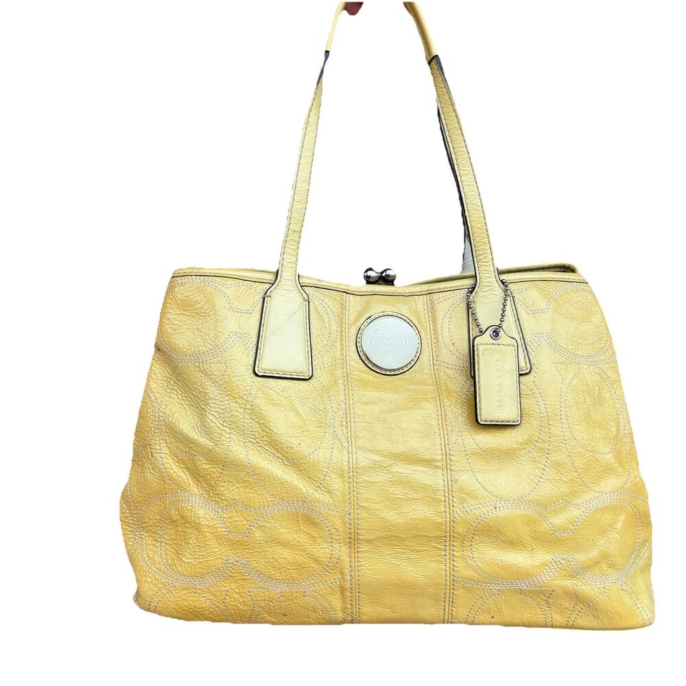 Coach F15658 Patent Yellow Silver Signature C White Medium Satchel Handbag FLAW